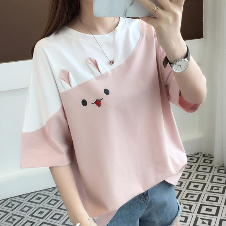 Picture of 2025 New Summer Embroidered Rabbit Korean Style Color Block T-Shirt Student Top Loose Short-Sleeved Women's Clothing One Piece Store