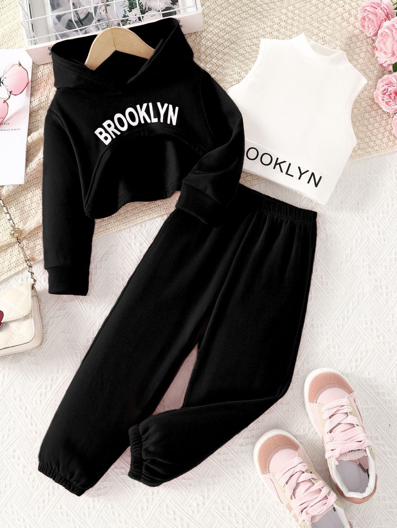 Picture of Spring and Autumn European and American Girls College Style Sweatshirt Sweet and Hot High Neck Vest Stacked Bottoming Pants Letter Printed Three-Piece Set