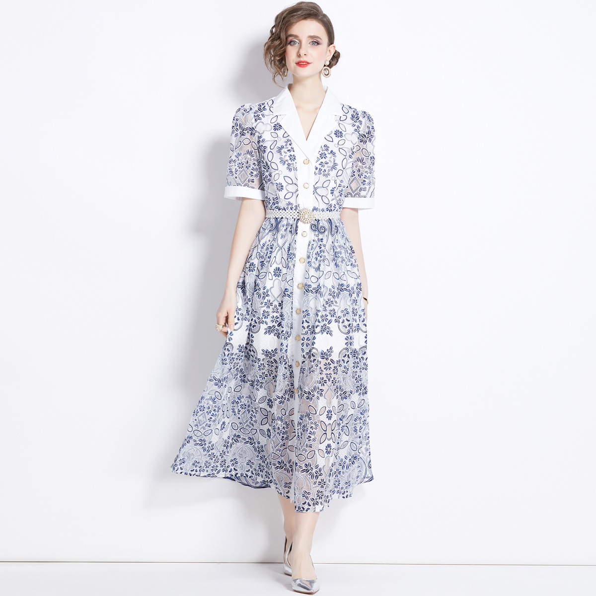 2024 summer lapel short sleeve lace waist blue print hollow lace retro European and American style long dress