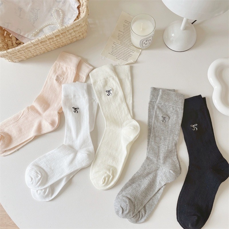 Spring and Summer Miu Ballet Style Embroidery Ultra-thin Bow Spring Card Women's Socks Mid-tube Cotton Socks Sweet Solid Color Stacked Socks