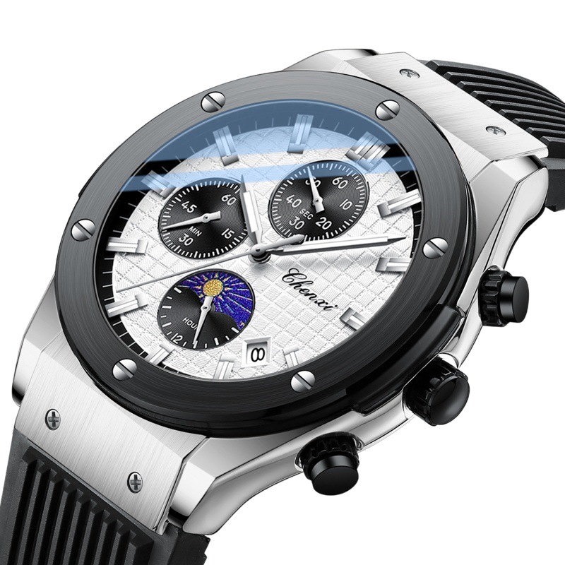 Dawn Multifunctional Real Three-eye Six-pin Men's Watch Thin Calendar Moon Phase Chronograph Silicone Live Cross-border Quartz Watch