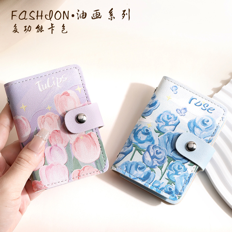 Picture of Vintage Oil Painting Card Bag Large Capacity Women's Multi-Card Driver's License Card Jacket Card Bag Small Cartoon Coin Purse
