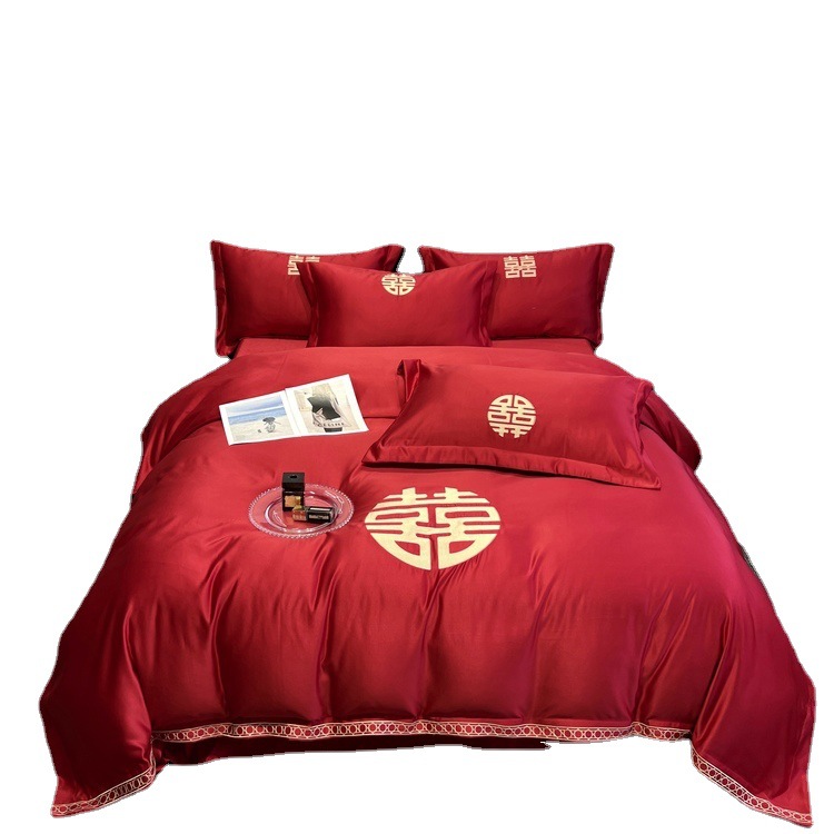 Picture of Big Red Washed Cotton Sanding Wedding Bed Four-piece Set New Wedding Bedding Bed Sheet Wedding Wedding Quilt Cover