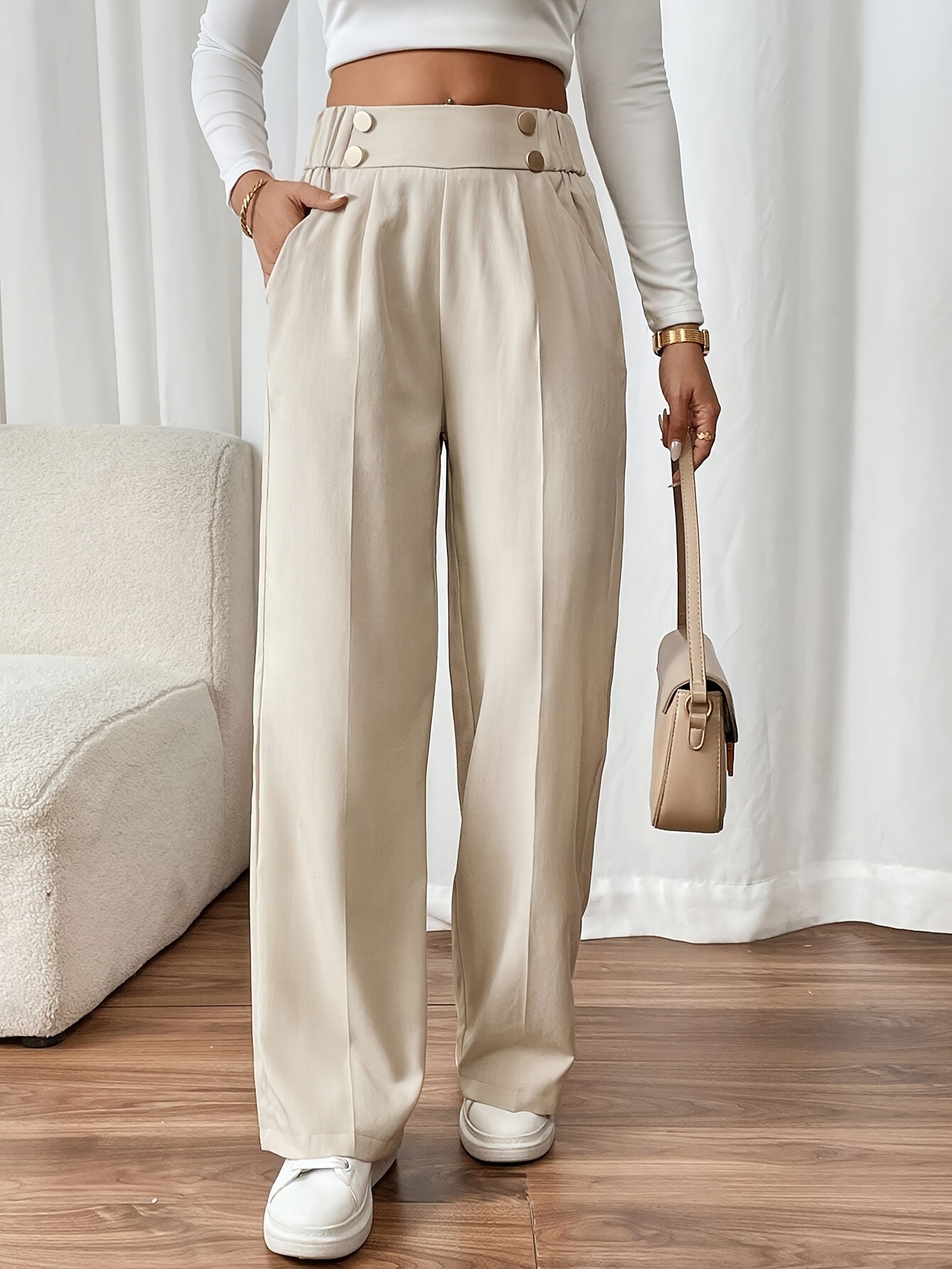 New Style Vertical Mop Casual Pants High Waist Trousers Loose Style Straight Women's Niche Design Solid Color Trousers