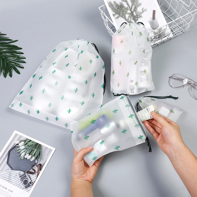 Cross-Border Frosted Cactus Drawstring Bag Cartoon Travel Drawstring Bag Face Towel Storage Bag Pe Drawstring Bag