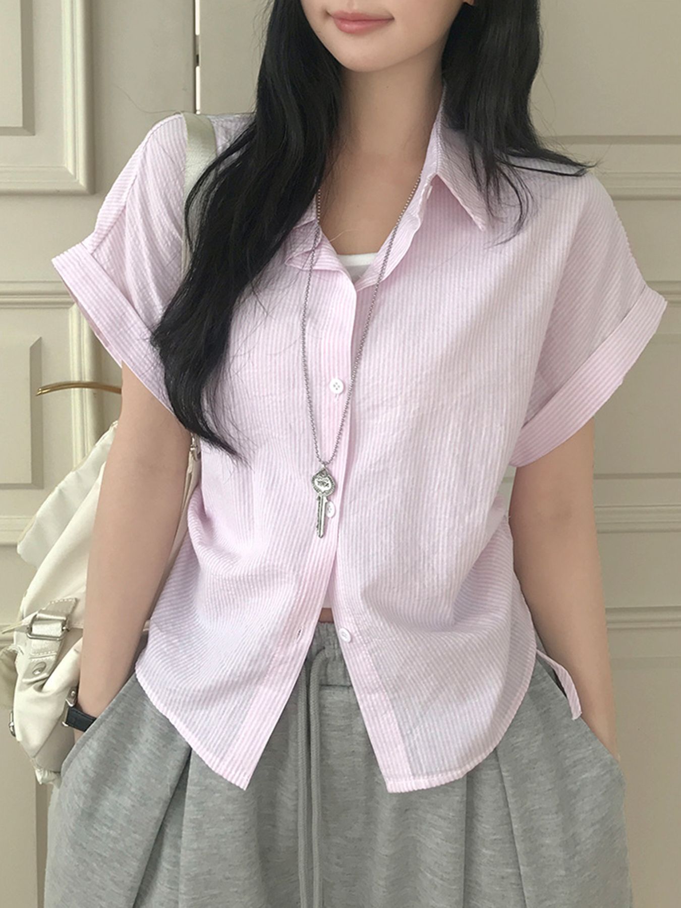 Chic French Plaid Drawstring Shirt for Women - Slim Fit Waist, Casual Short Sleeve Shirt with Collar