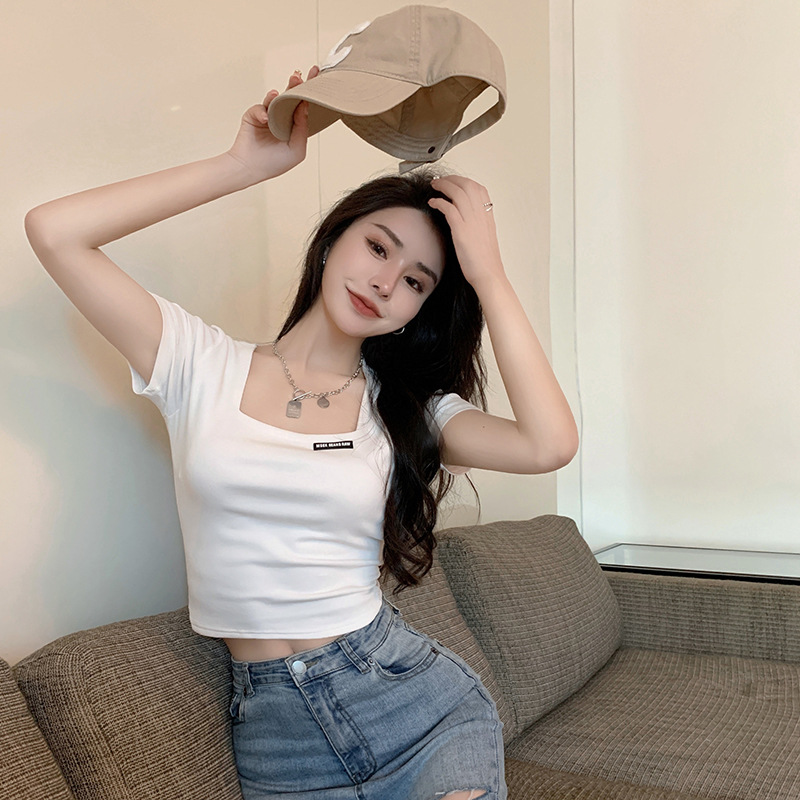 Picture of Square Collar Short-sleeved T-shirt Women's Summer New Short Spice Girl Top Slim-fit Styish White Half-sleeved Trendy