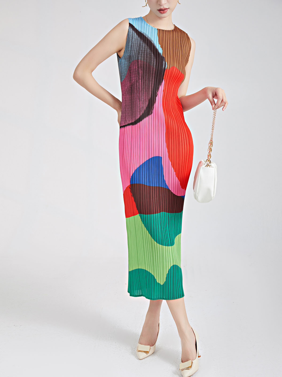 New Sleeveless Skirt Summer Women's Pleated Geometric Print Hip-Covering One-Step Skirt Miyake Main Line Dress for Women