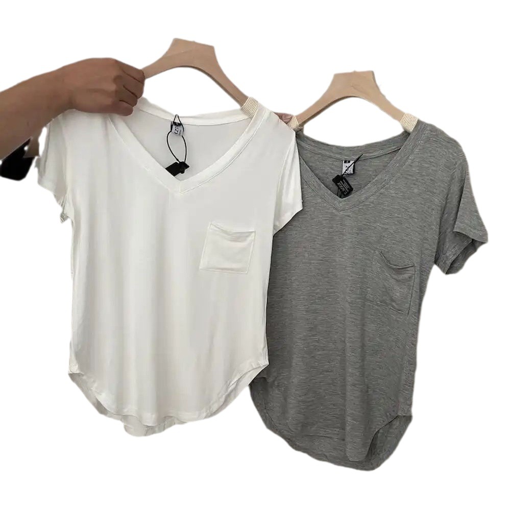 Modal Cotton Draped Collarbone T-shirt Women's Summer Loose Korean-style Base Shirt Short-sleeved Casual V-neck Top