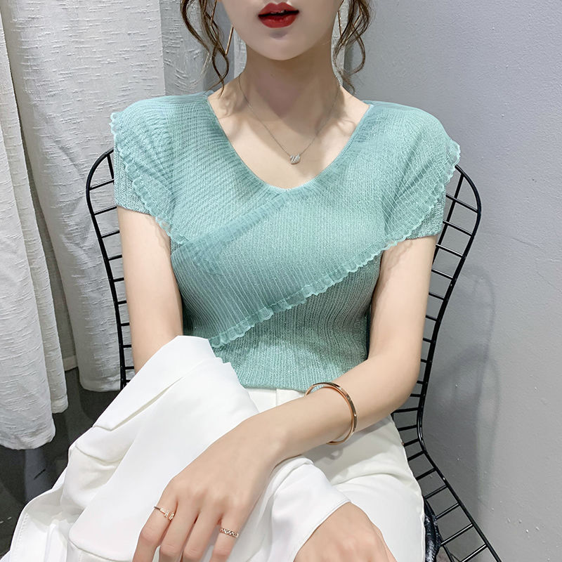 2025 New Summer Mesh Ruffled Knitted Thin Top with Thoughtful Design V-Neck Ice Silk T-Shirt Women's Short Sleeves