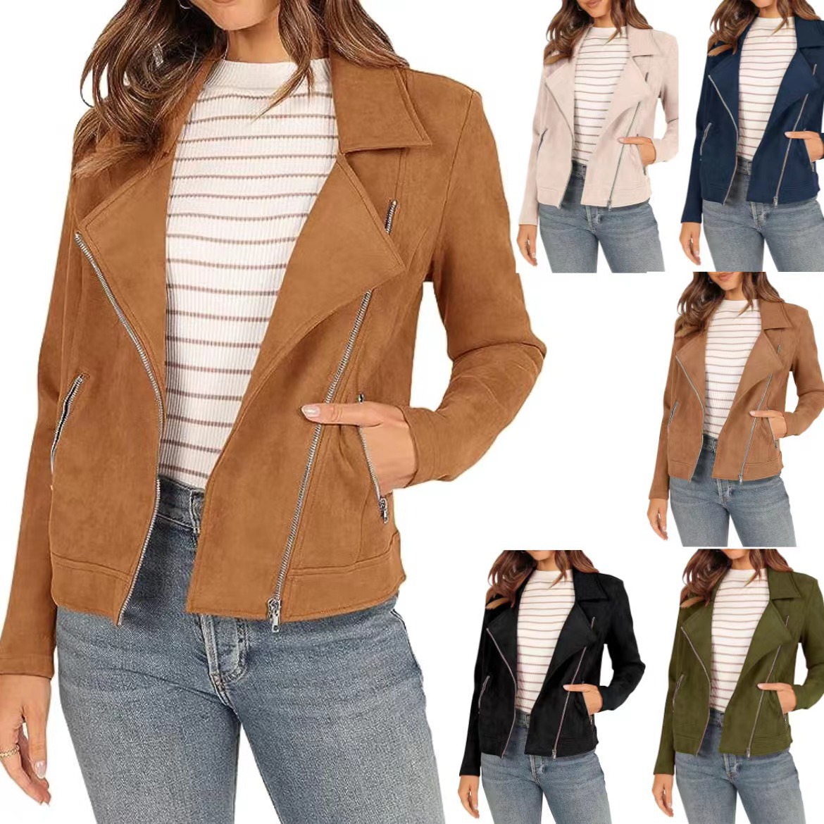 Cross-Border 2023 Autumn and Winter New European and American Fashion Deerskin Motorcycle Jacket Ins Pure Color Zipper Flap Pocket Pants Short Outwear