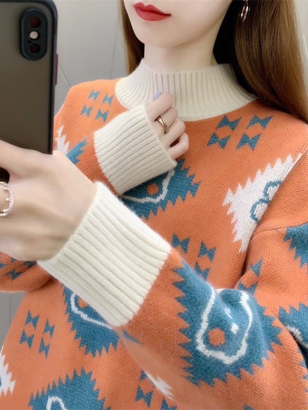 Thickened sweater women's autumn and winter 2024 new fashion jacquard loose half turtleneck bottoming sweater top