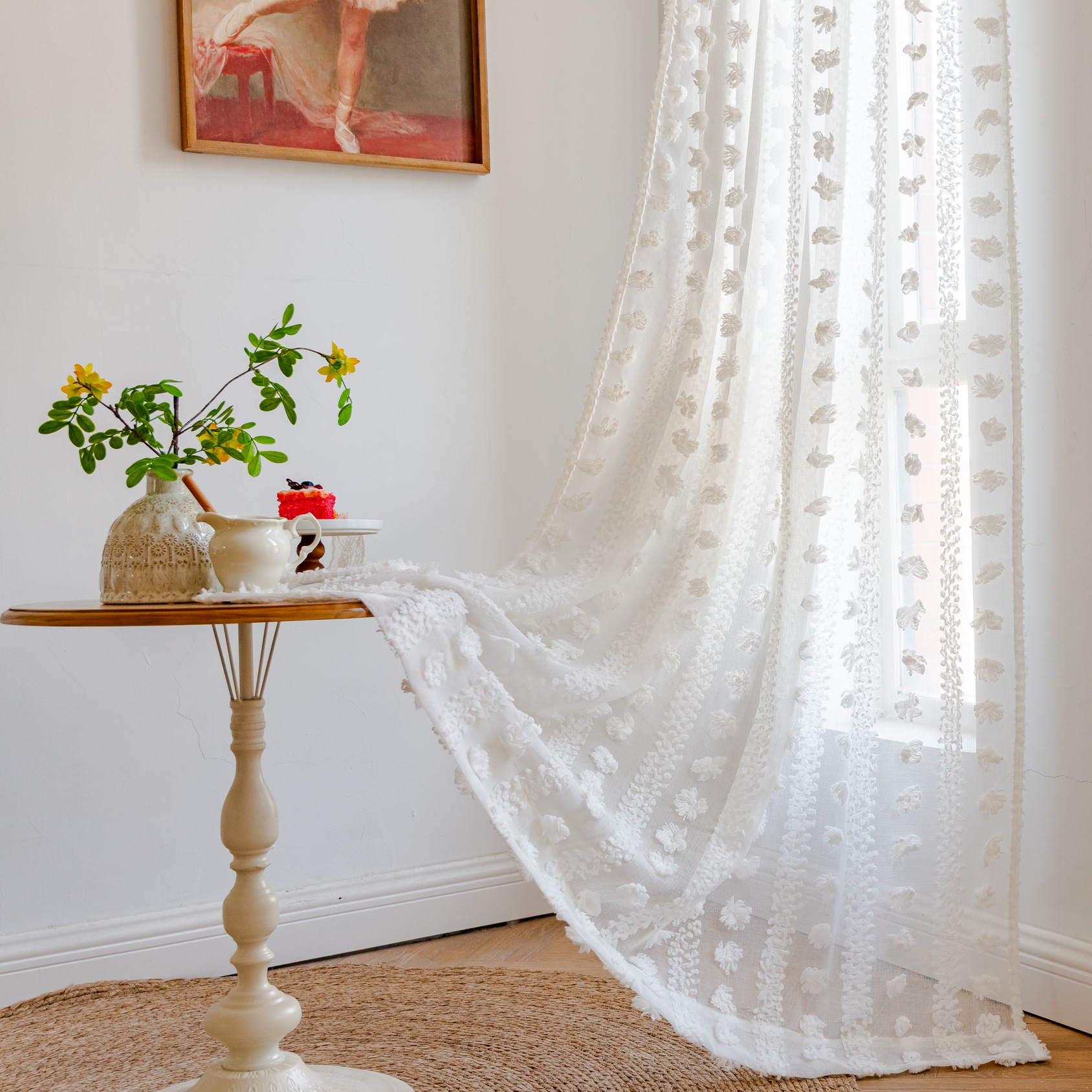 American Style Country Retro Curtain Finished Balcony Transparent Bedroom Restaurant Kitchen Hollow Chic Tufted Bay Window Gauze Curtain