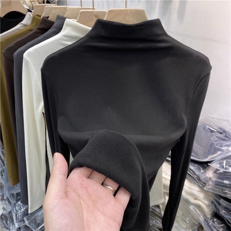 Picture of German velvet semi-high collar brushed fleece-lined warm base shirt women's new spring and autumn western style inner long sleeve t-shirt top ins
