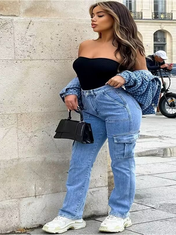 Picture of Foreign Trade Work Jeans for Women 2024 Spring & Fall New Amazon Ebay Hot Selling Multi-Flap Pocket Pants Wide-Leg Casual Pants