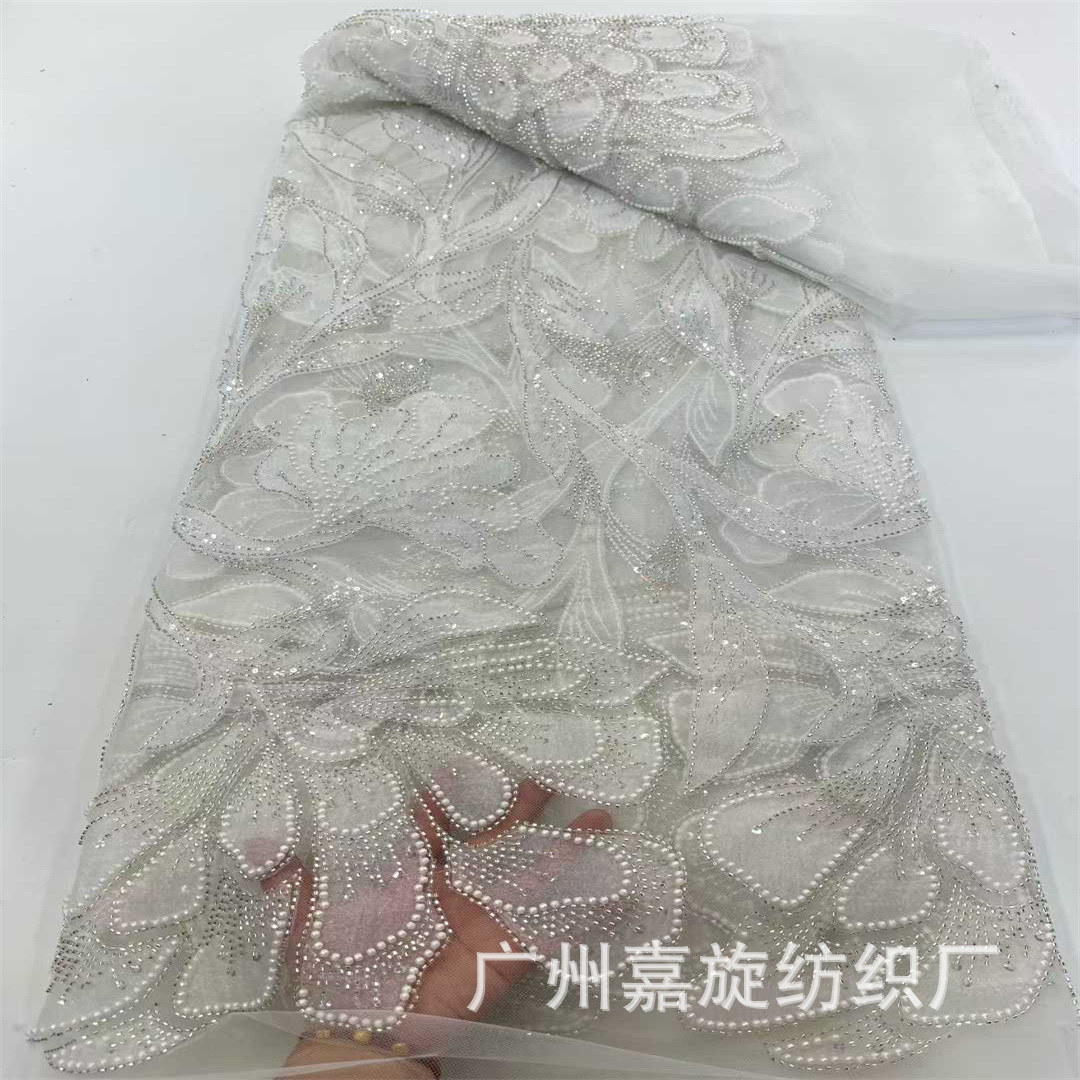 New Double-Layer Patchwork Embroidered Mesh Fabric with Beads and Tube Beads for Wedding Dresses and Evening Gowns