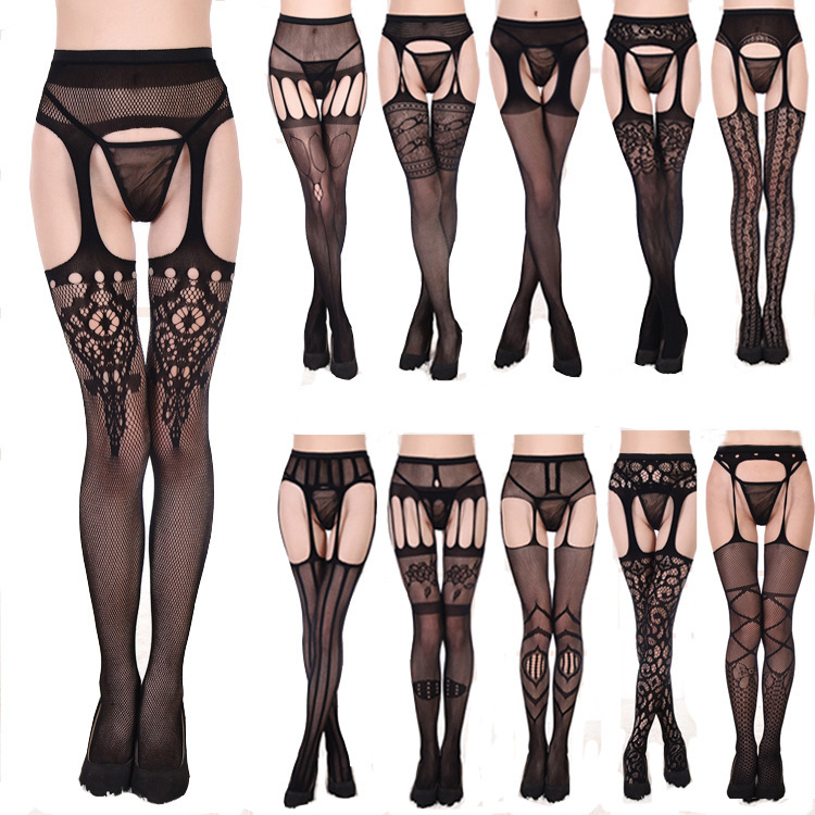 Picture of Sexy Underwear Lace Transparent Strap Net Stockings Black Sexy Free Waist Fishing Net Stockings Non-slip Garter Belt Europe and America