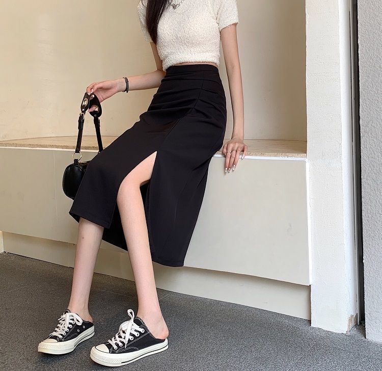 Summer Popular Large Size Chubby Girl Black Skirt Women's High Waist Slimming Mid-length Pleated Split A- Line Hip Skirt