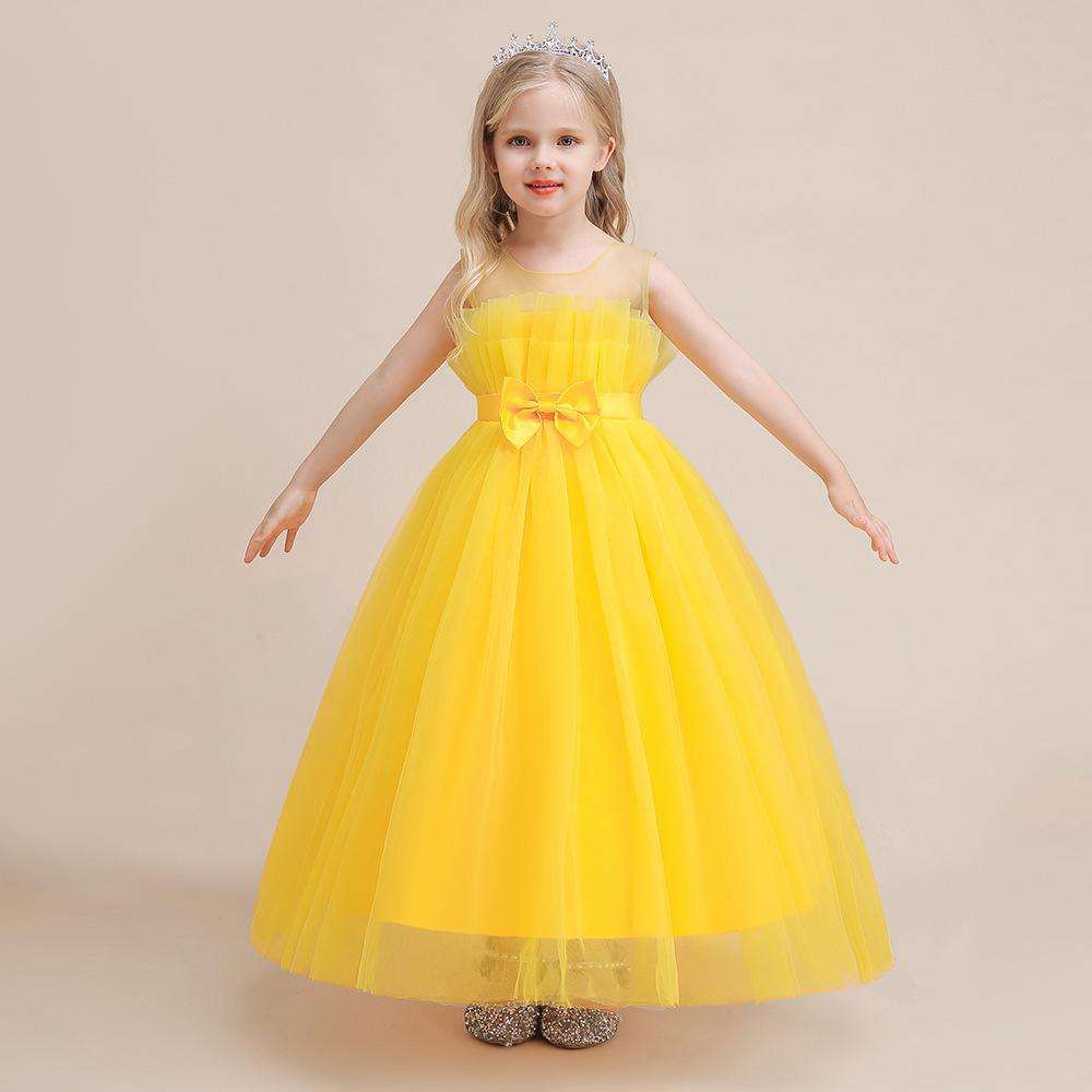 Flower Girl Yellow Long Dress Girls' Wedding Dress dress Mesh Bow Dress Children's Festival Piano Performance Dress