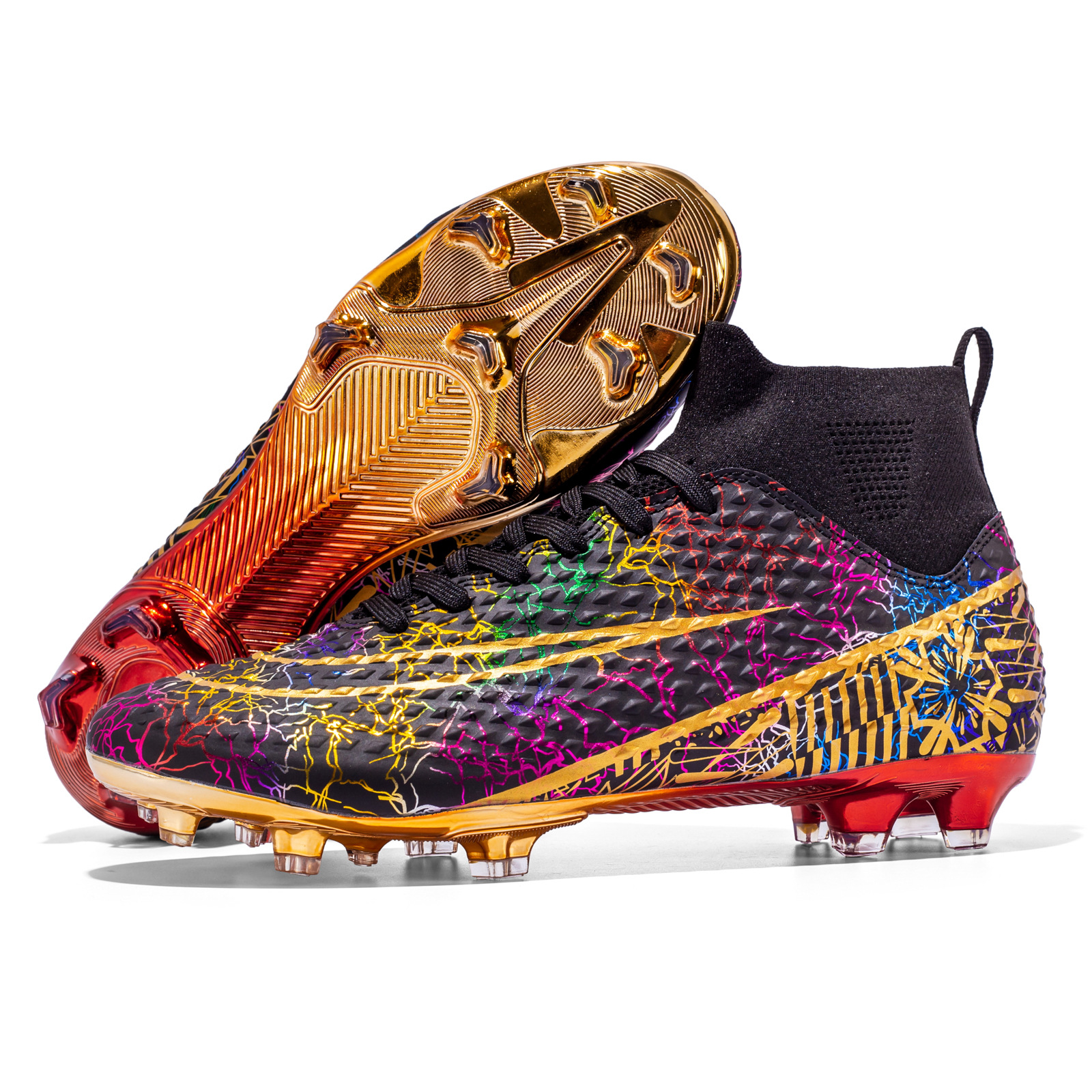 Cross-Border football shoes high-top flying woven socks overshoes boys and girls AG long nail gold bottom leather surface student football shoes