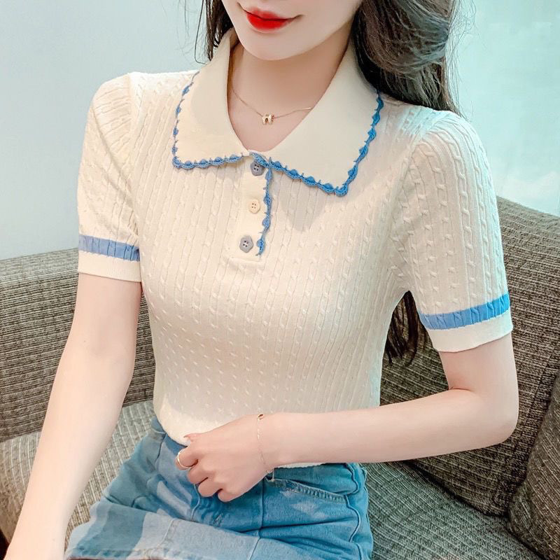 2025 Short-Sleeved Women's Summer New Contrast Color Polo Collar Ice Silk T-Shirt Slim Short