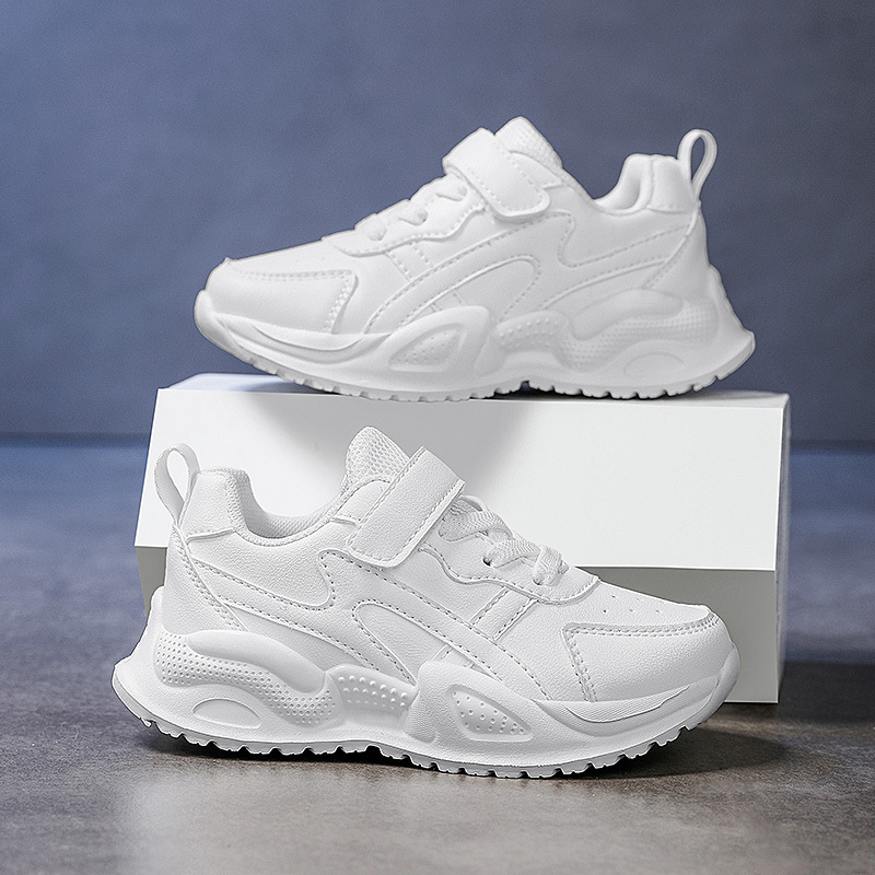 Children's Campus White Shoes, Sports Shoes, Autumn and Winter New Leather Waterproof Boys' Running Shoes, Girls' Casual Shoes