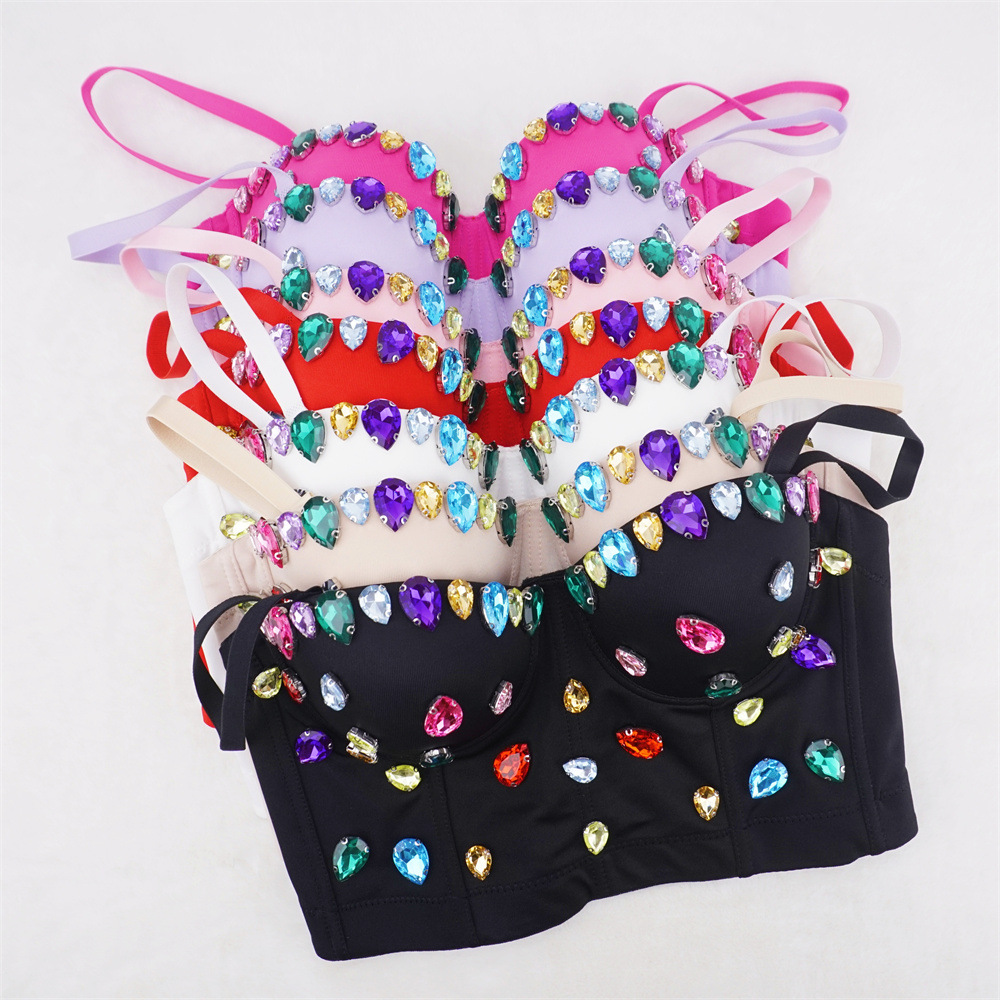 Meihua Summer Live Broadcast Hot Selling Beaded Fishbone Small Suspender Outerwear Bra Short Tight Gemstone Color Diamond Hot Girl