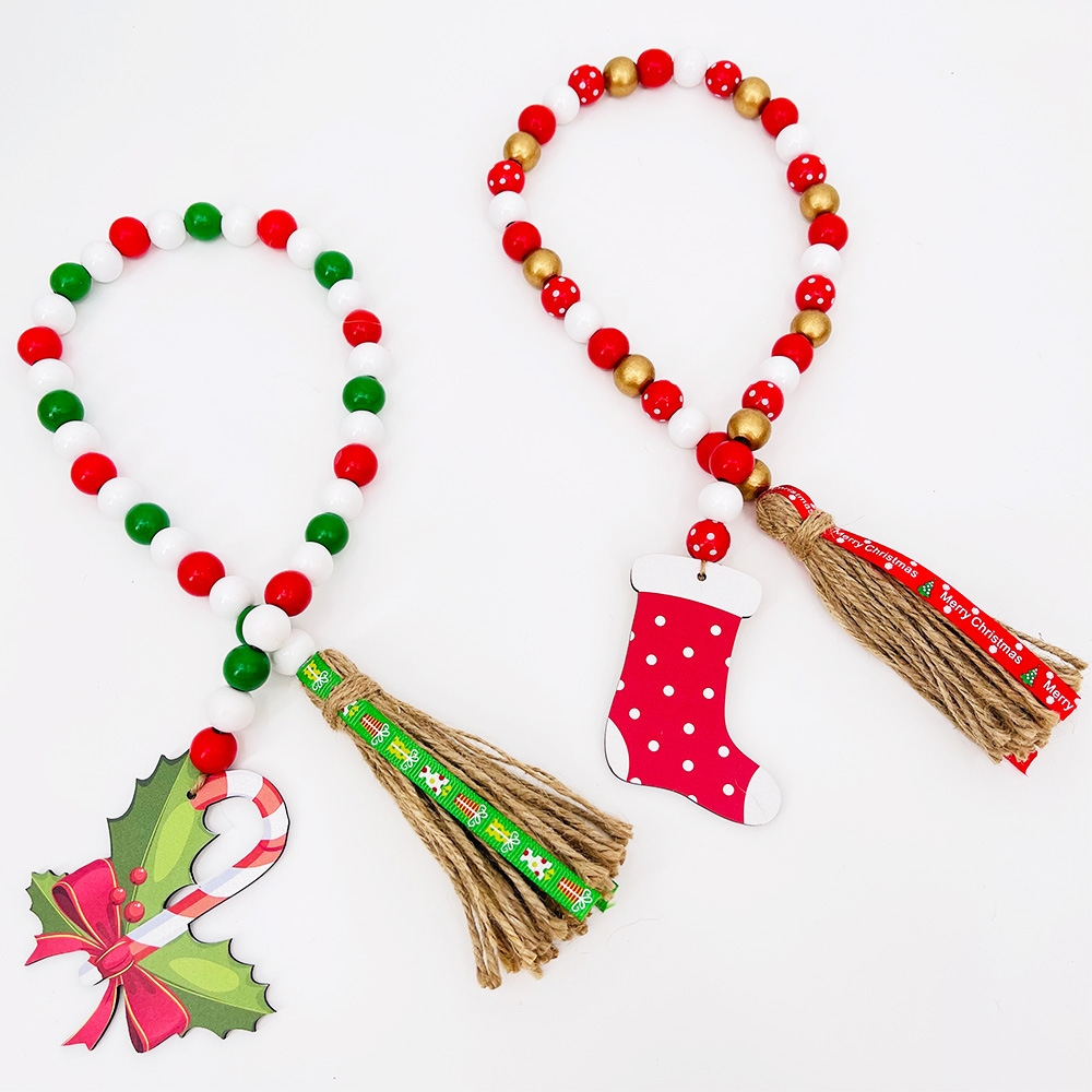 Picture of Christmas Wooden Beads Hemp Rope Tassel Beads Christmas New Wooden Pendant Wooden Ornaments Tray Decoration