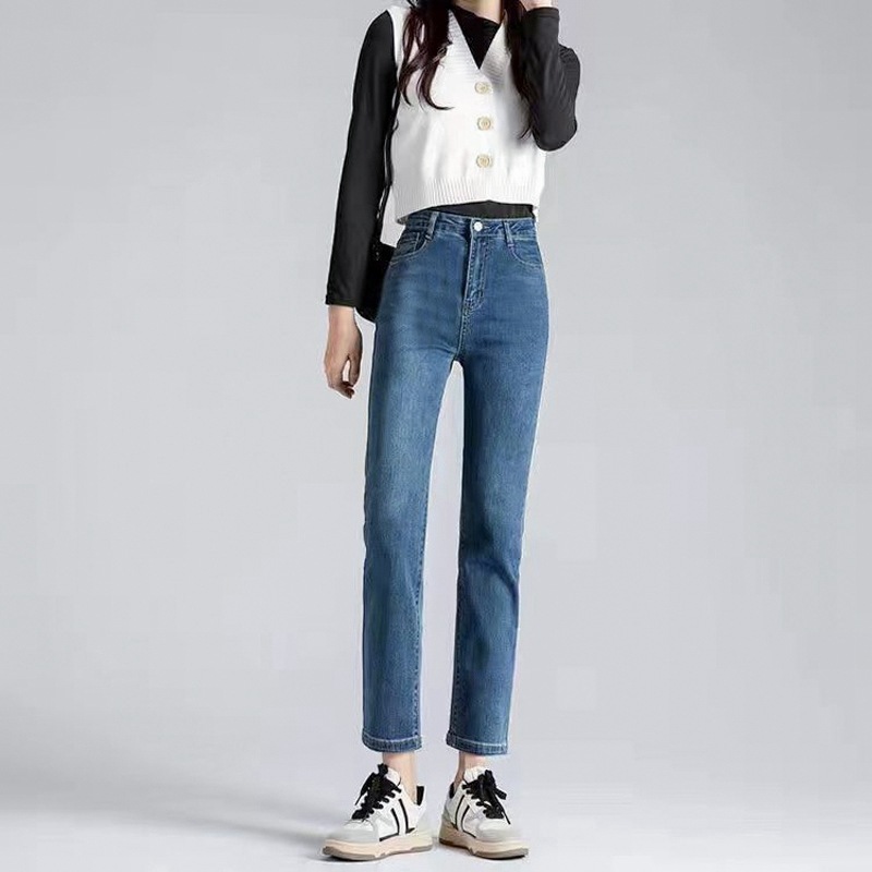 Picture of Black High Waist Short Straight Jeans Women's New Autumn and Winter Slim Look Tall Slim Fit Stretch Cropped Smoke Tube Pants