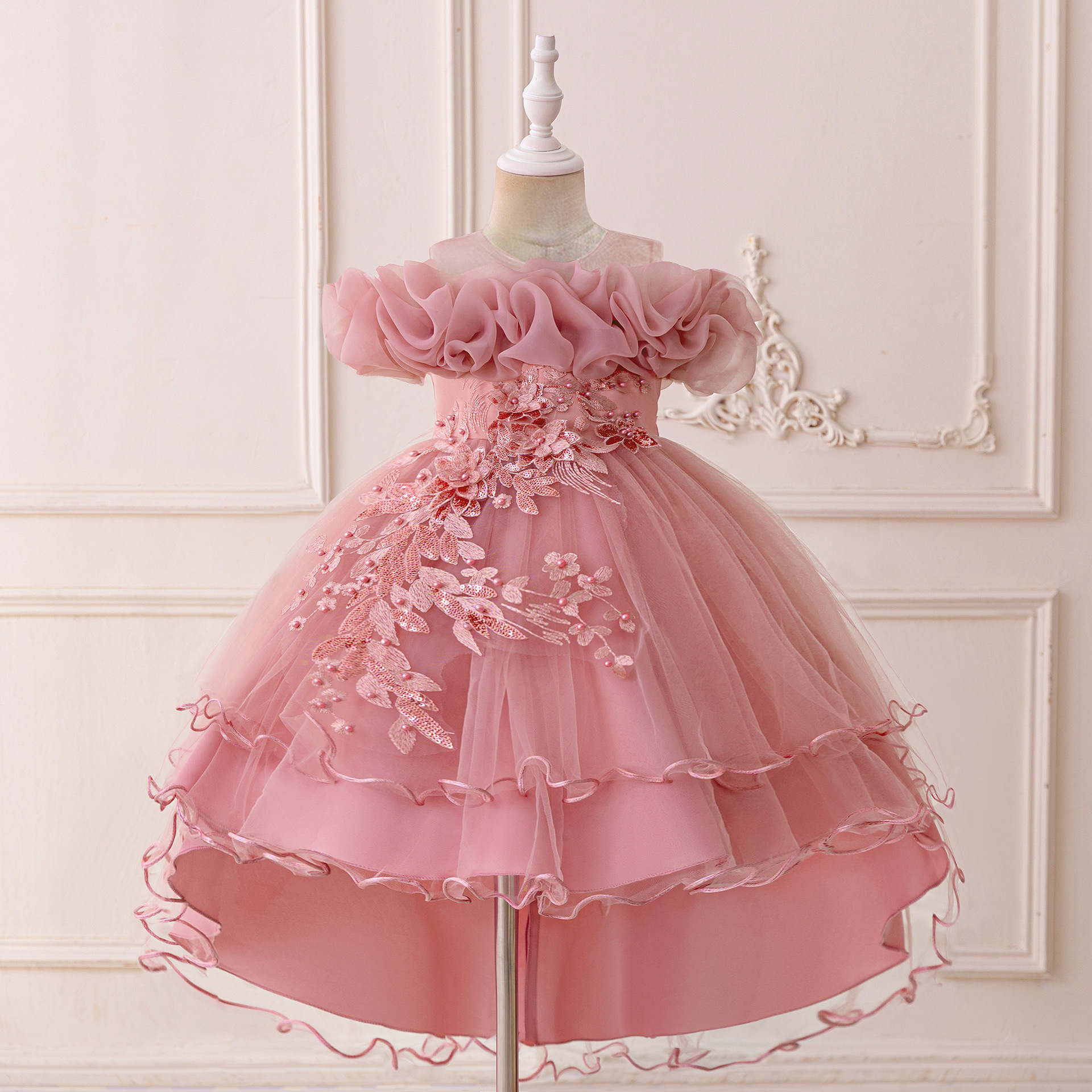 Children's Dress Princess Dress Sequin Bubble Sleeve Wrought Cloth Flower Girl's Party Dress Baby's One-year-old Wash Dress