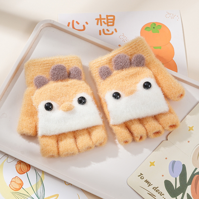 Picture of Children's flip gloves autumn and winter boys half finger warm cute Primary School students writing knitted dual-purpose gloves wholesale