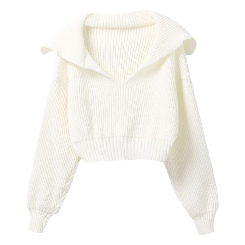 Retro niche design v-neck navy collar short sweater women's autumn and winter outer wear thickened pullover high waist sweater