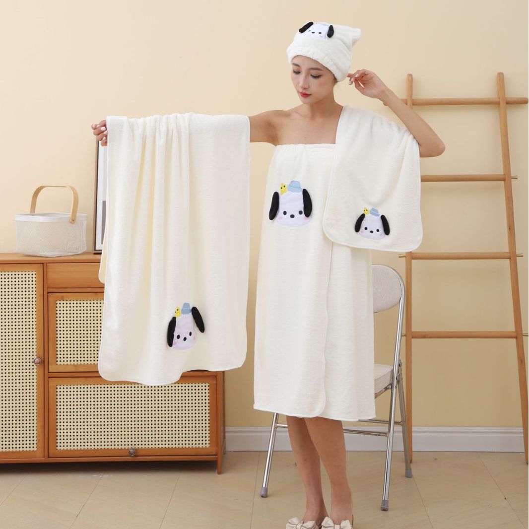 Thickened Puppy Four-Piece Set, Absorbent and Soft Towel Set, Wearable and Wrapable Bath Skirt, Home Bath Towel, Cartoon Shower Cap