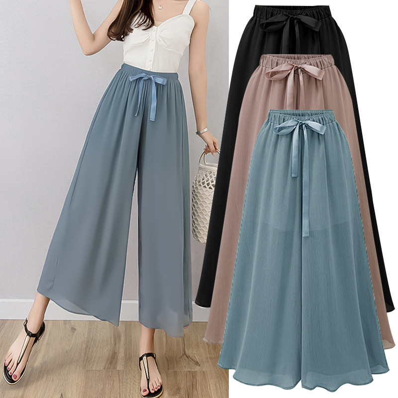 Wide-Leg Pants for Women Summer Thin Chiffon Nine-Point Large Size High-Waisted Loose Pants for Women 150kg Fat mm Drapedy Straight Pants