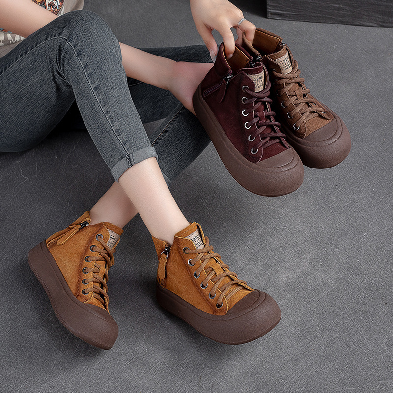 Shanghai Jiejie Autumn and Winter New High-top Side Zipper Shoe Top Layer Cowhide Thick Sole Round Head Retro Women's Casual Shoes