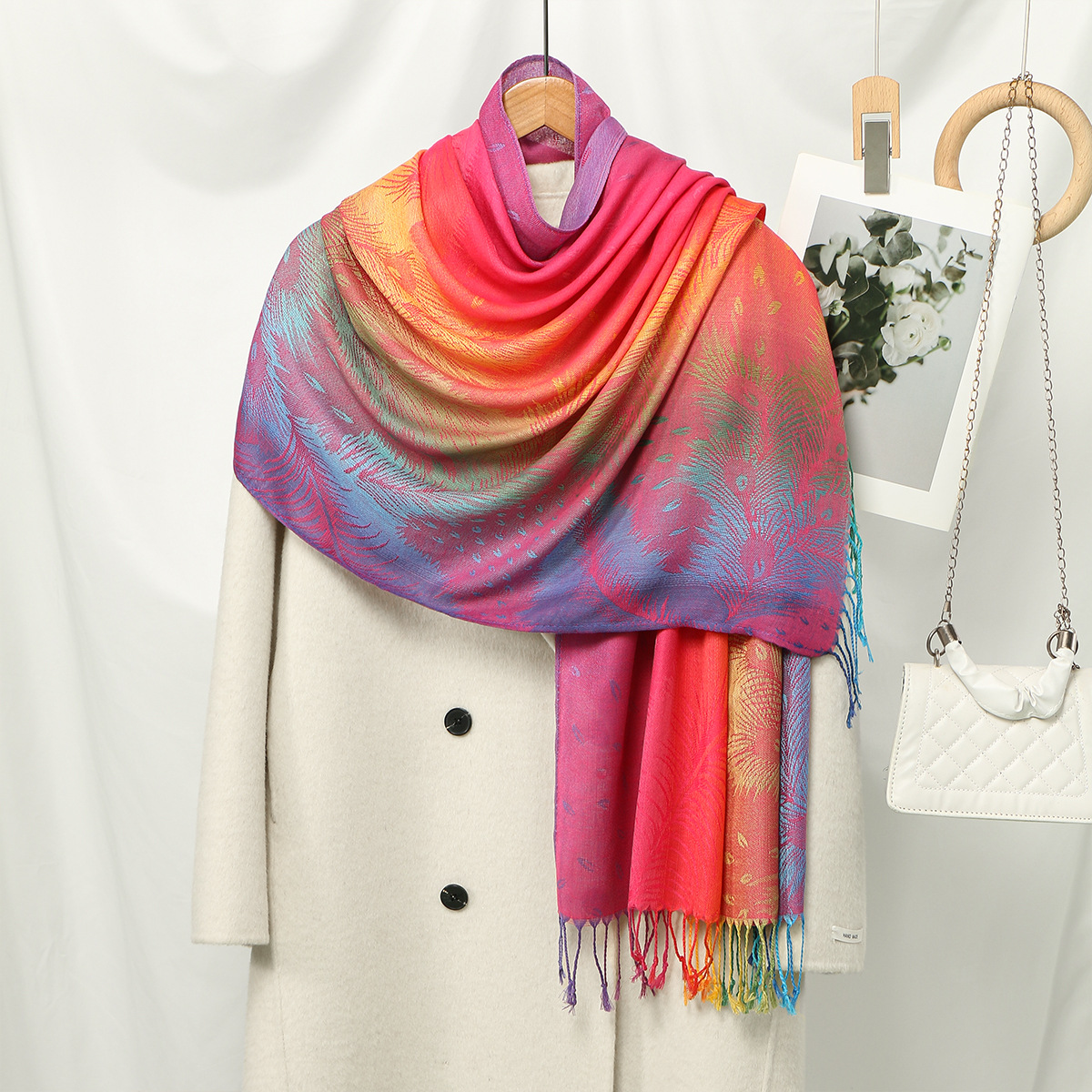 Picture of Amazon Same Style Ethnic Style Color Cashew Embroidered Long Scarf Rainbow Gradient Tassel Scarf Shawl Women's Bag Turban
