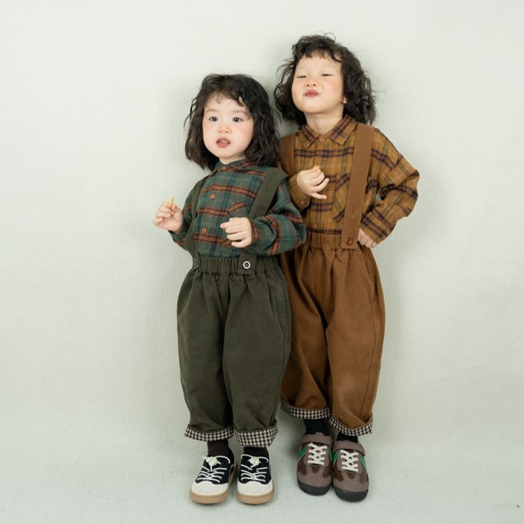 Picture of Children's Suspender Pants Spring and Autumn New Korean-style Retro Suspender Pants for Boys and Girls Plaid jumpsuit Class A Two-wear Trousers