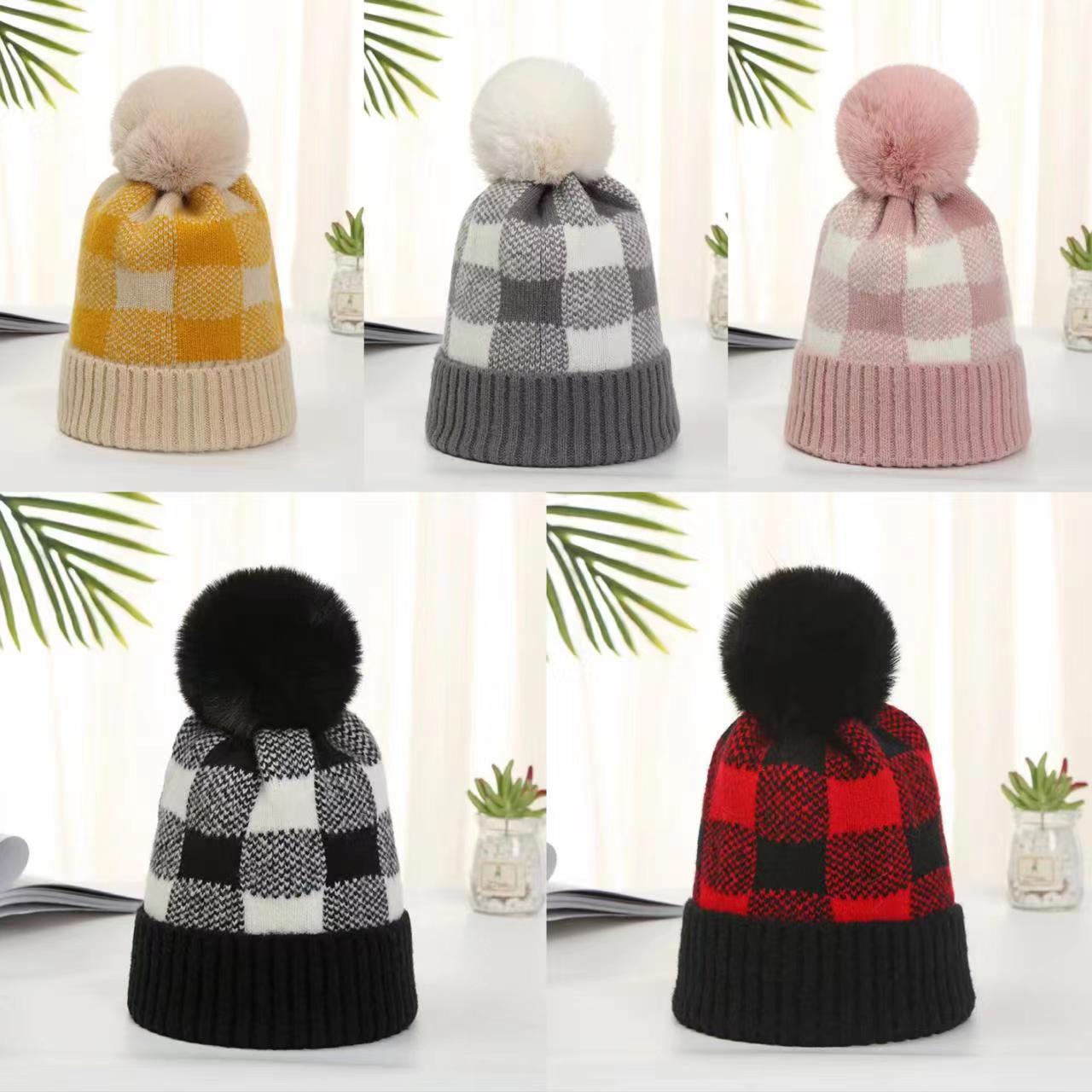 Picture of Korean Style Women's Autumn and Winter Warm Hat with Artistic Plaid Design, Rabbit Fur Pom-Pom, Fashionable Knitted Hat with Artistic Flair