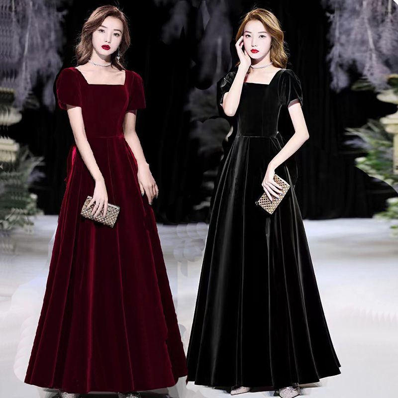 Velvet evening dress butterfly high-end 23 new long high-end host female art exam banquet temperament short sleeve dress