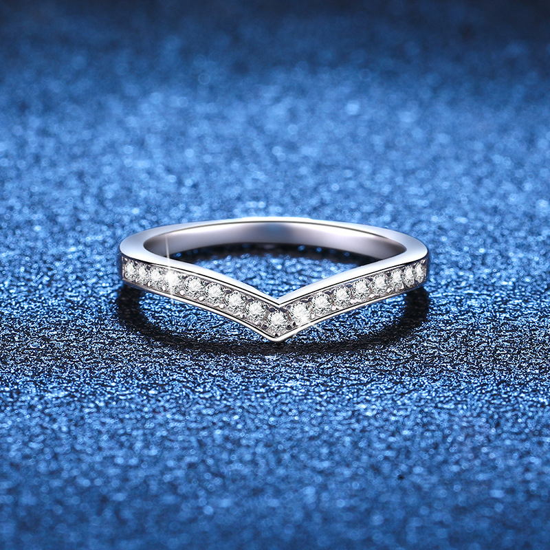 Picture of S925 Sterling Silver Ring Women's Korean-style V-shaped Ring Full Set with Mosane Diamond D Color Ring Row Ring Wedding Simulation Diamond Ring Women