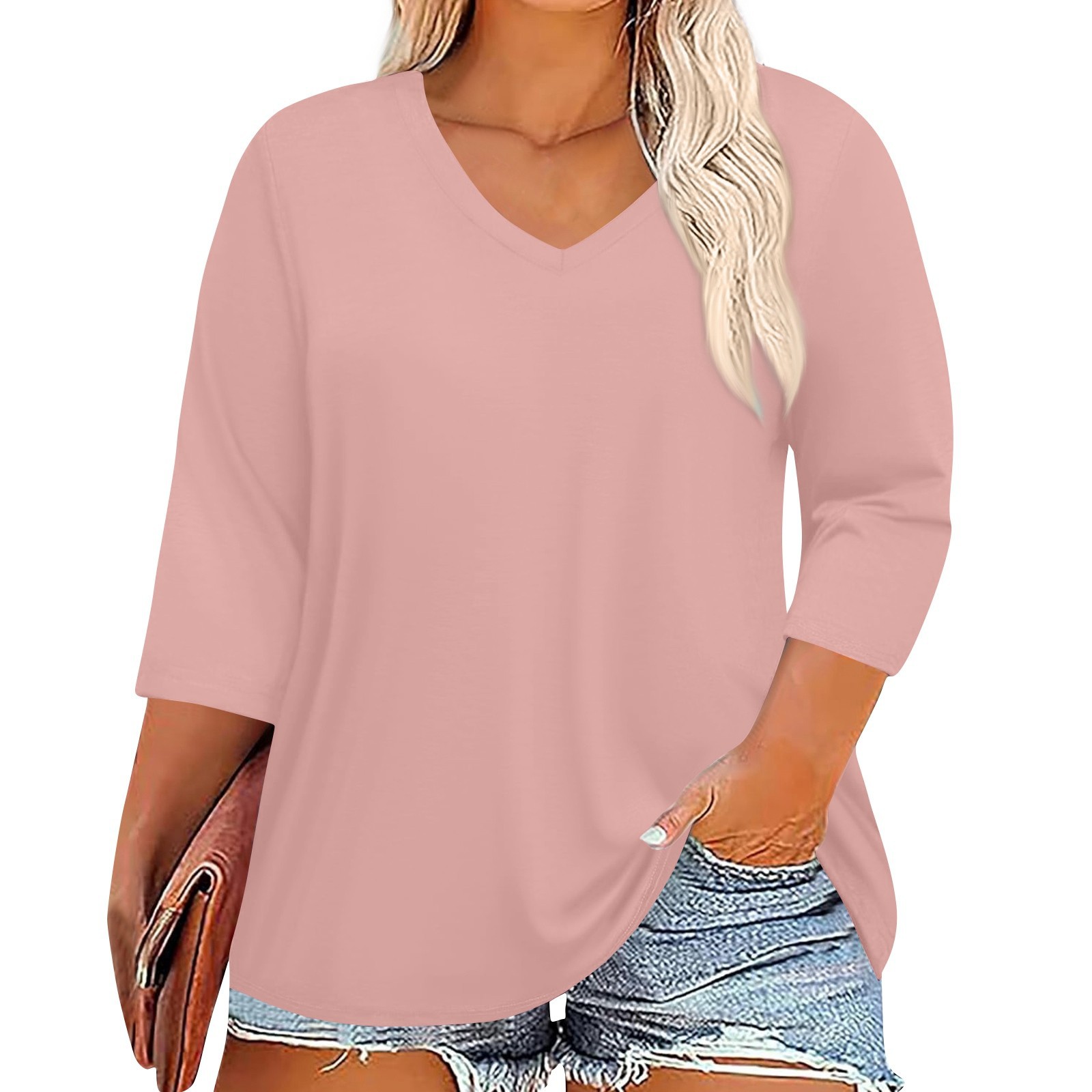 Picture of 2025 Cross-Border Amazon New Women's Large Size Fat Model V-Neck 7-Quarter Sleeve Pure Color Top