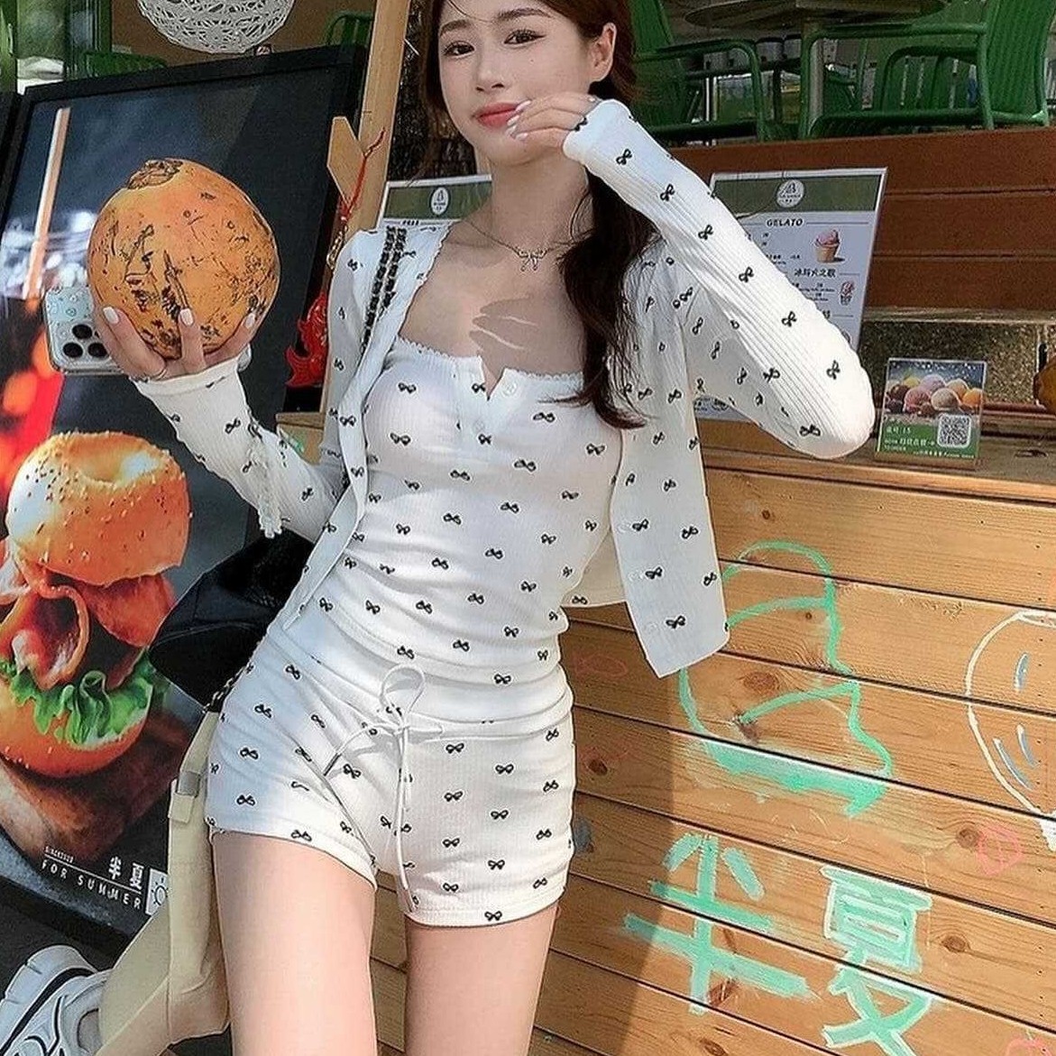 Cute Bow Long Sleeve Blouse Slimming Belly Covering Split with Chest Pad Bags Sexy Three-Piece Swimsuit for Women