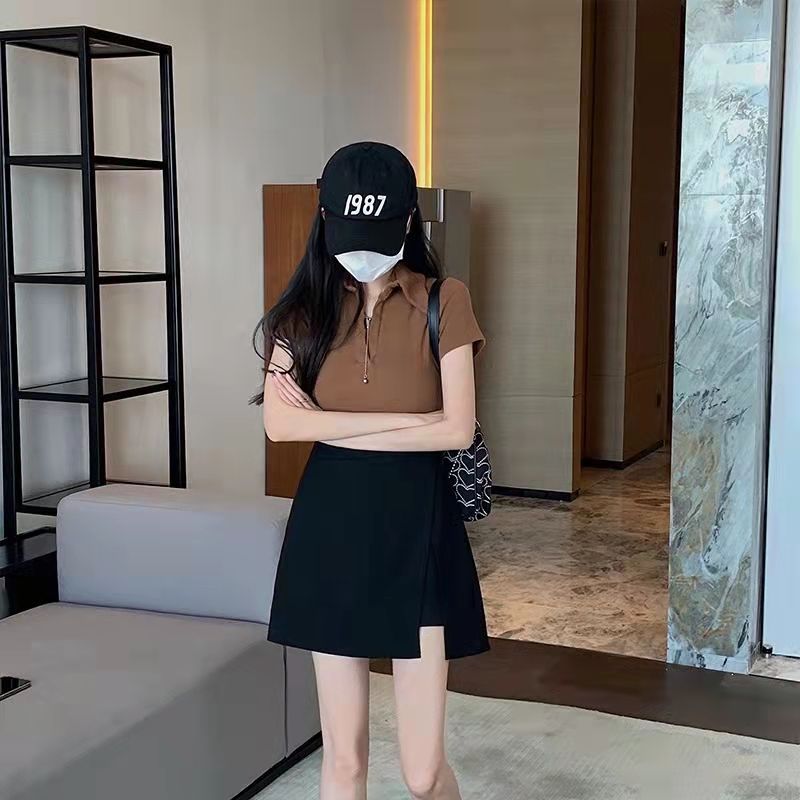 Irregular plus size 2024 Spring and Summer High Waist Slimming Split Black Skirt chubby girl Belly Covering A- Line Skirt for Women