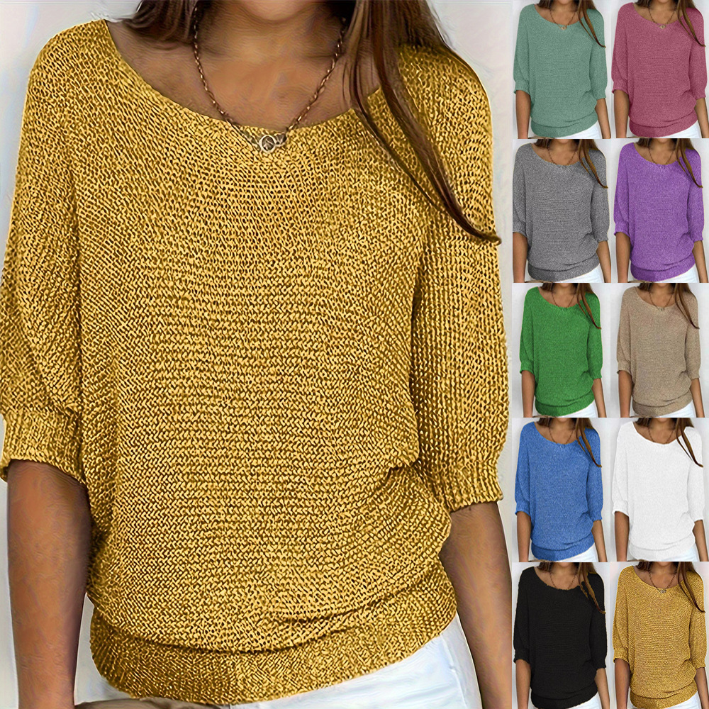 Autumn New Cross-border European and American Style Solid Color Round Neck Knitted Sweater Women's Commuter Elegant Seven-sleeve Top Sweater
