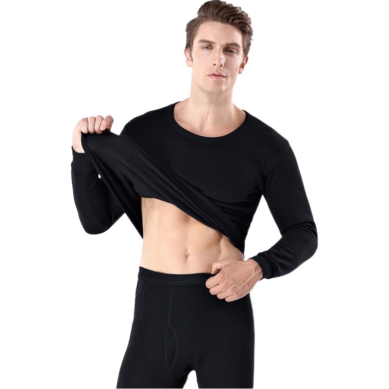 Men's Autumn Clothes and Pants Fleece-lined Crewneck Cotton Sweater Youth Polyester Thermal Underwear Set Winter Pajamas Pajamas