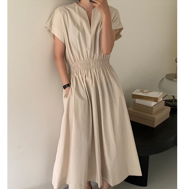 2024 Summer New Commuter Paper Elegant Slim-fit V-neck Simple Sleeve Waisted dress Long Skirt