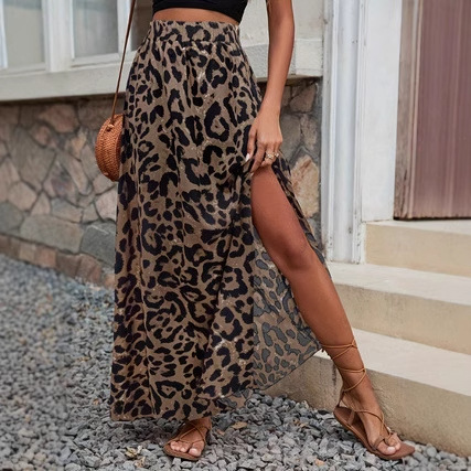 Amazon Cross-Border Women's Clothing European and American Ins Hot Selling Casual Trendyy Printed Skirt A-Line Leopard Print Slit Skirt Sexy