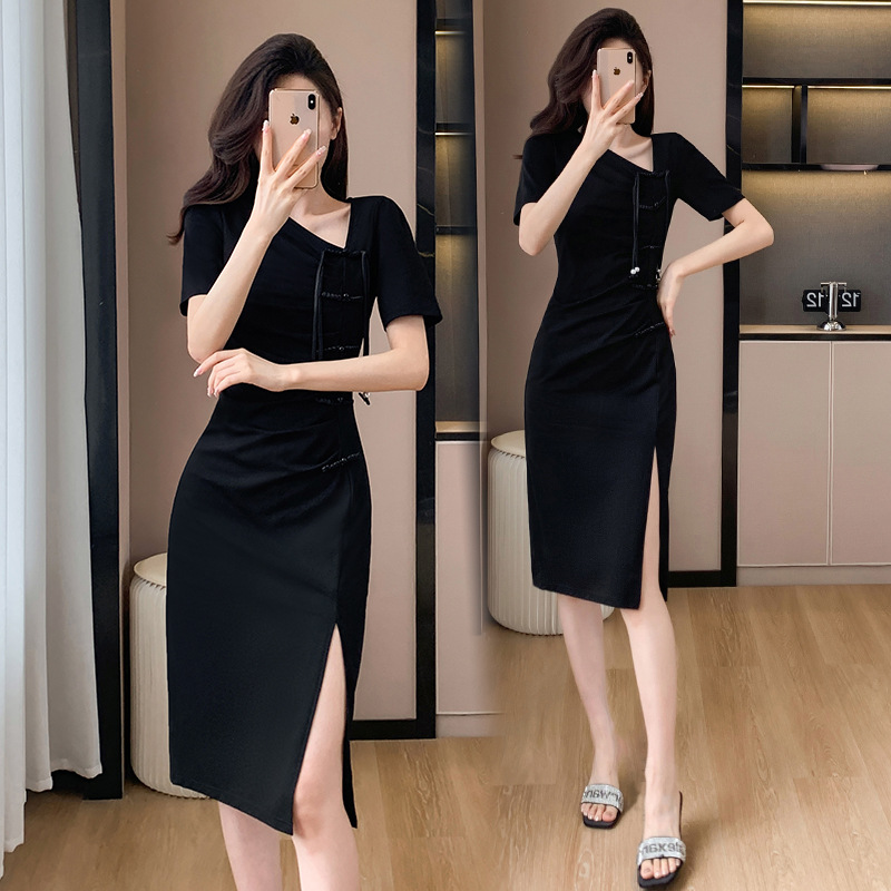 Black Square Collar dress Women's Summer Waist Slimming Texturous Small Black Dress French Long Skirt