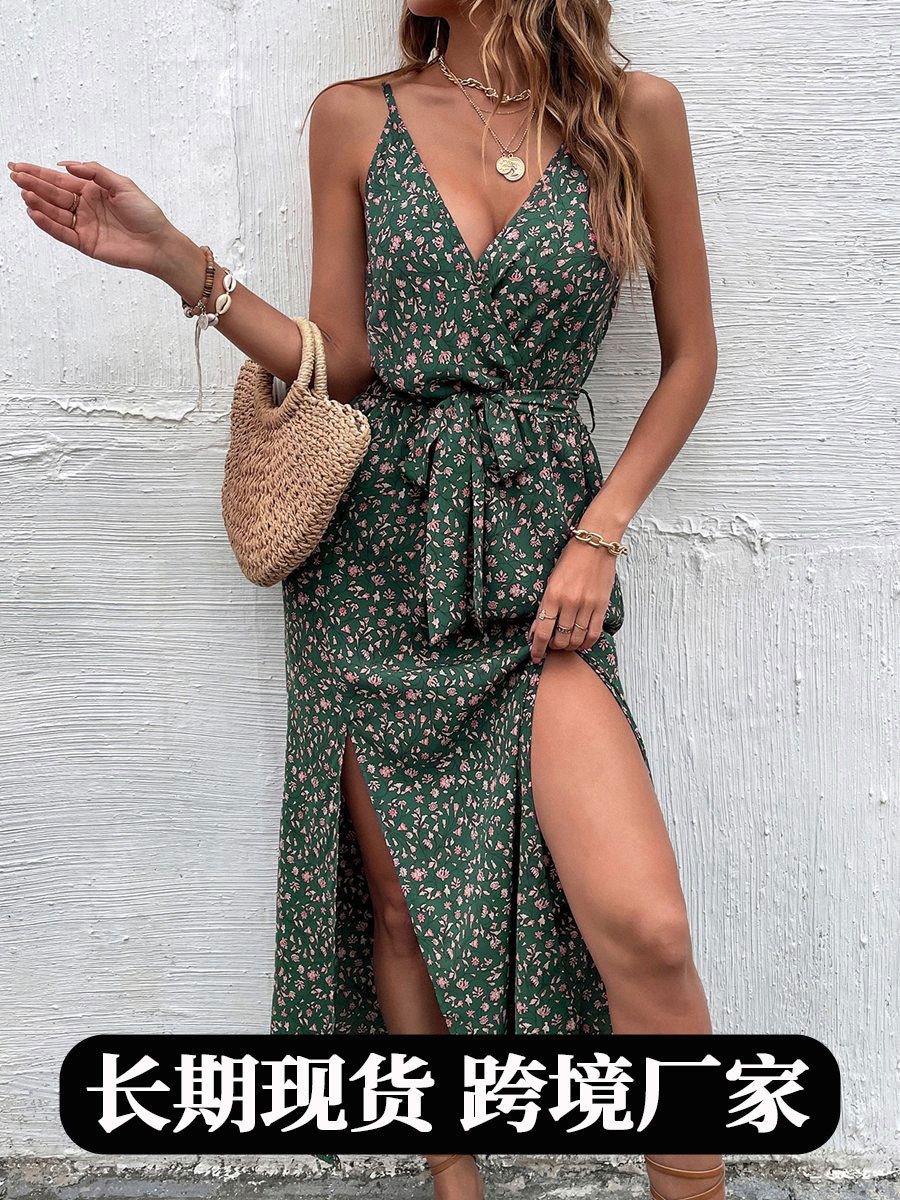 Popular Women's Clothing on Independent Stations, New Summer Bohemian Suspender Dress, Printed Long Slit Skirt