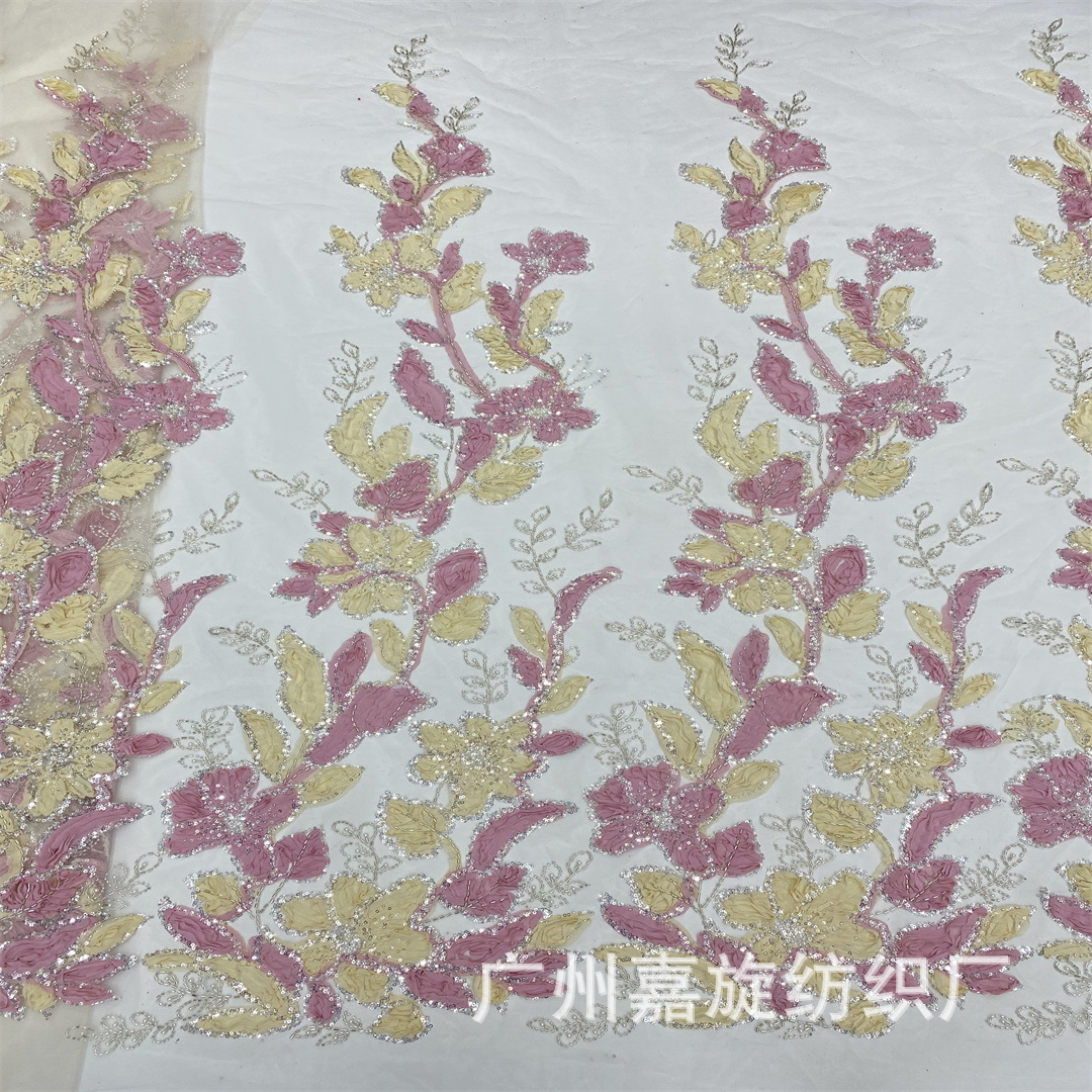 Nigeria Wedding Lace Two-Tone Single-Sided Floral Long Tube Sequin Embroidery Lace Dress Fabric